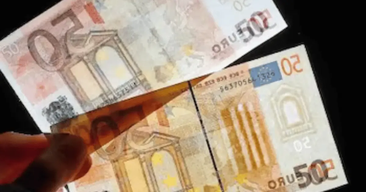 Billetes de 50 euros examinados al trasluz para detectar una falsificación de moneda